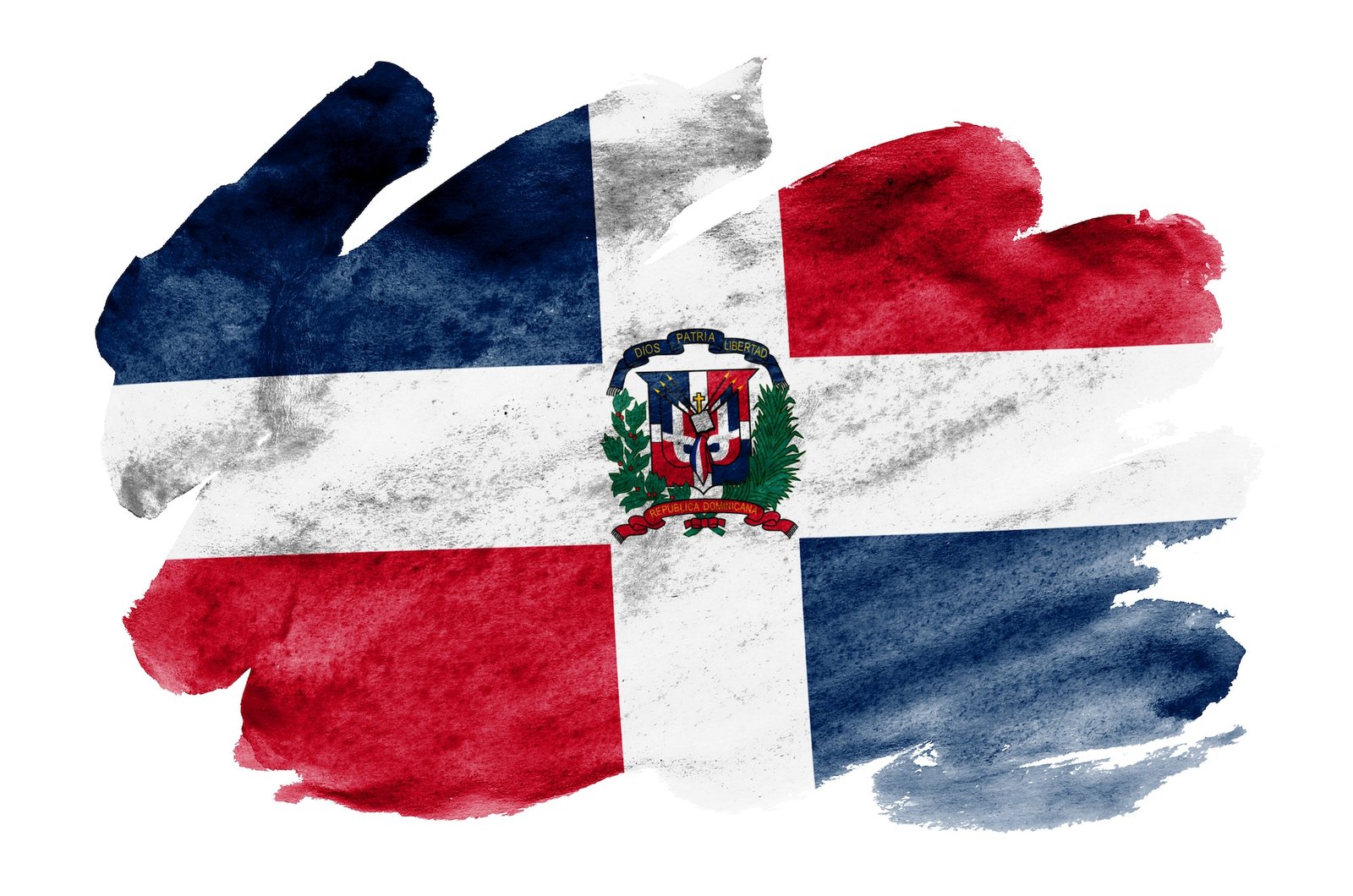 Dominican Republic flag is depicted in liquid watercolor style isolated on white background
